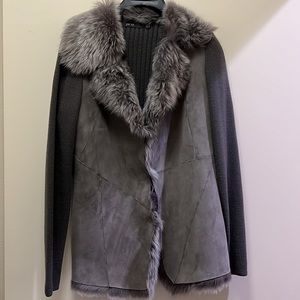 Gorgeous Per Se Lamb Suede and Merino Wool Fur Trim Sweater Jacket SZ 8